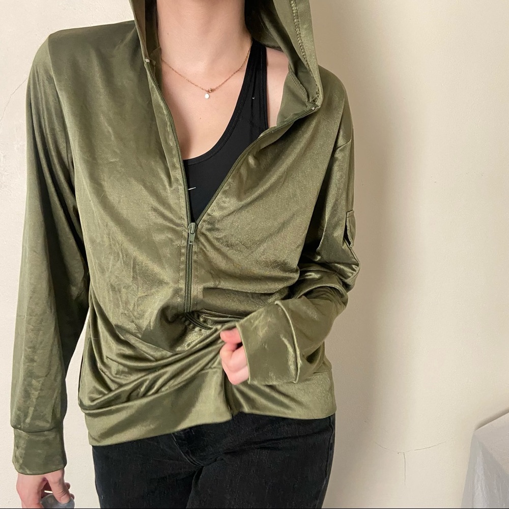 Metallic green zip up cargo athletic hoodie